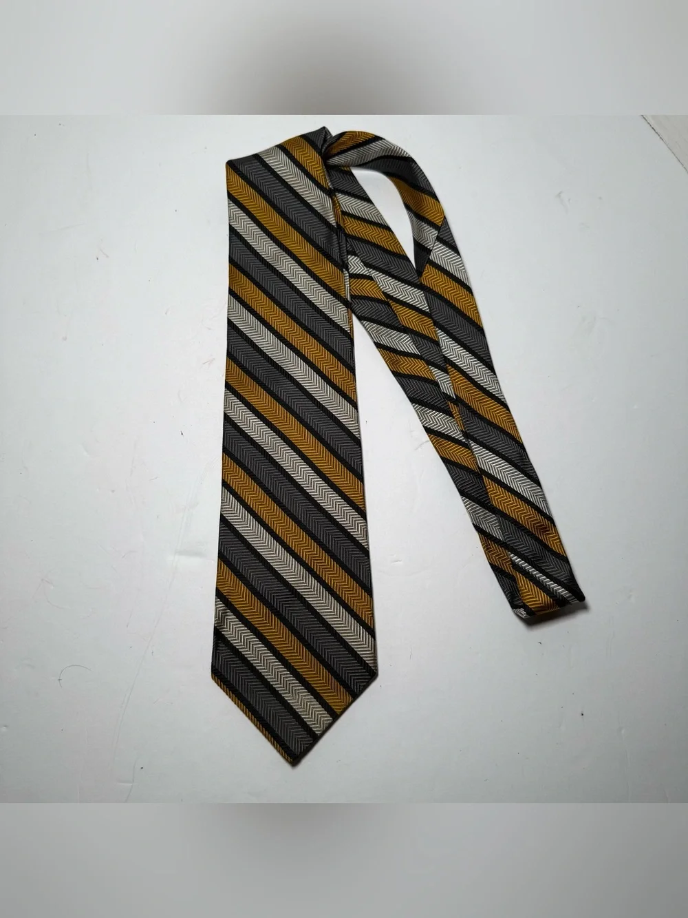 Vintage Yves Saint Laurent Silk Tie Gold Grey Black Herringbone Striped YSL 3.5